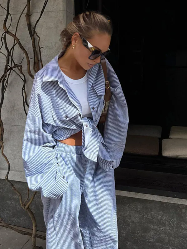 Pinstripe Long Sleeve Pants Set sold by COMMENSE