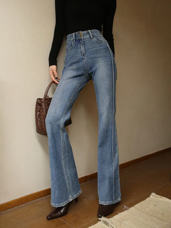 Denim Button Washed Flared Jeans sold by COMMENSE
