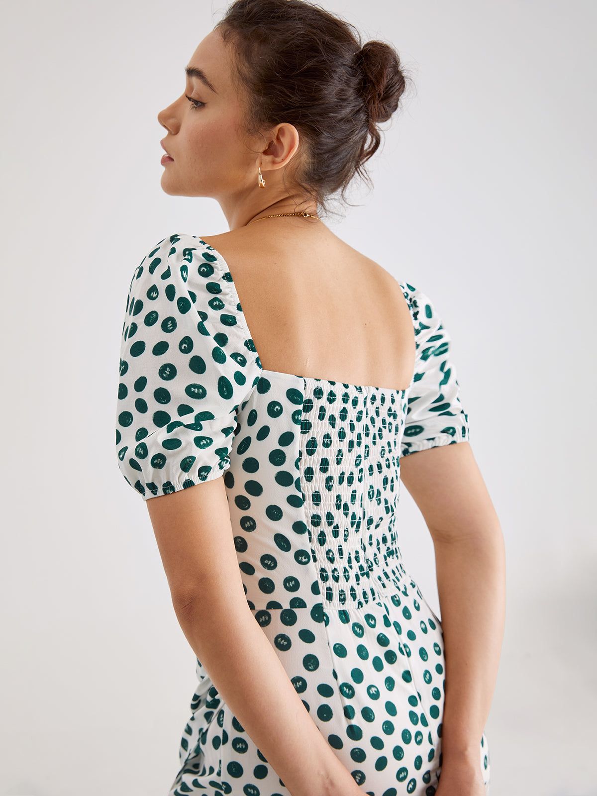 Short Puff Sleeve Spotted Midi Dress sold by COMMENSE product image thumbnail 6
