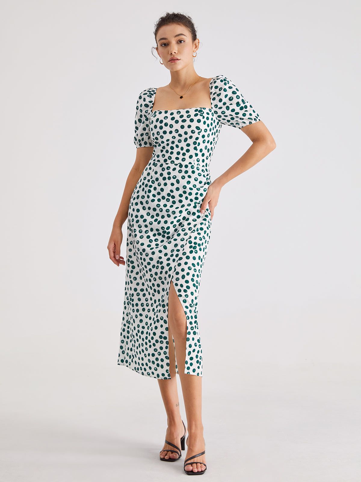 Short Puff Sleeve Spotted Midi Dress sold by COMMENSE product image thumbnail 3