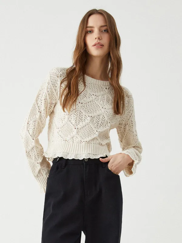 Jacquard Lace Hem Knit Top sold by COMMENSE