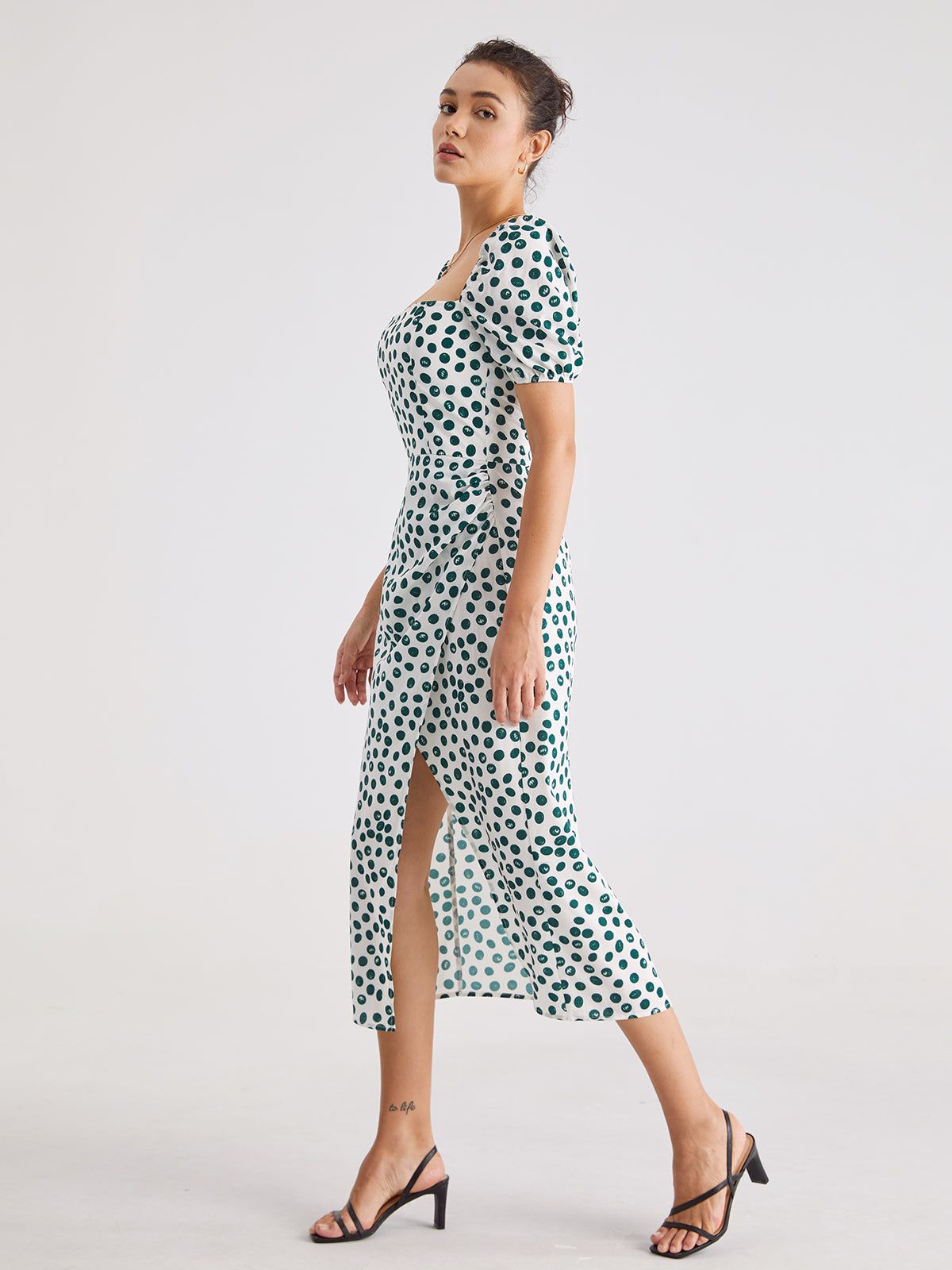 Short Puff Sleeve Spotted Midi Dress sold by COMMENSE product image thumbnail 4