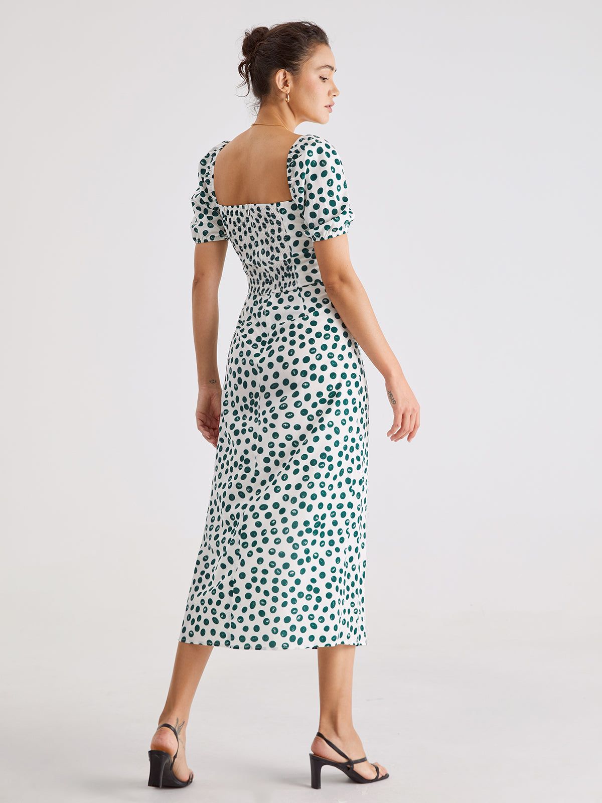 Short Puff Sleeve Spotted Midi Dress sold by COMMENSE product image thumbnail 5