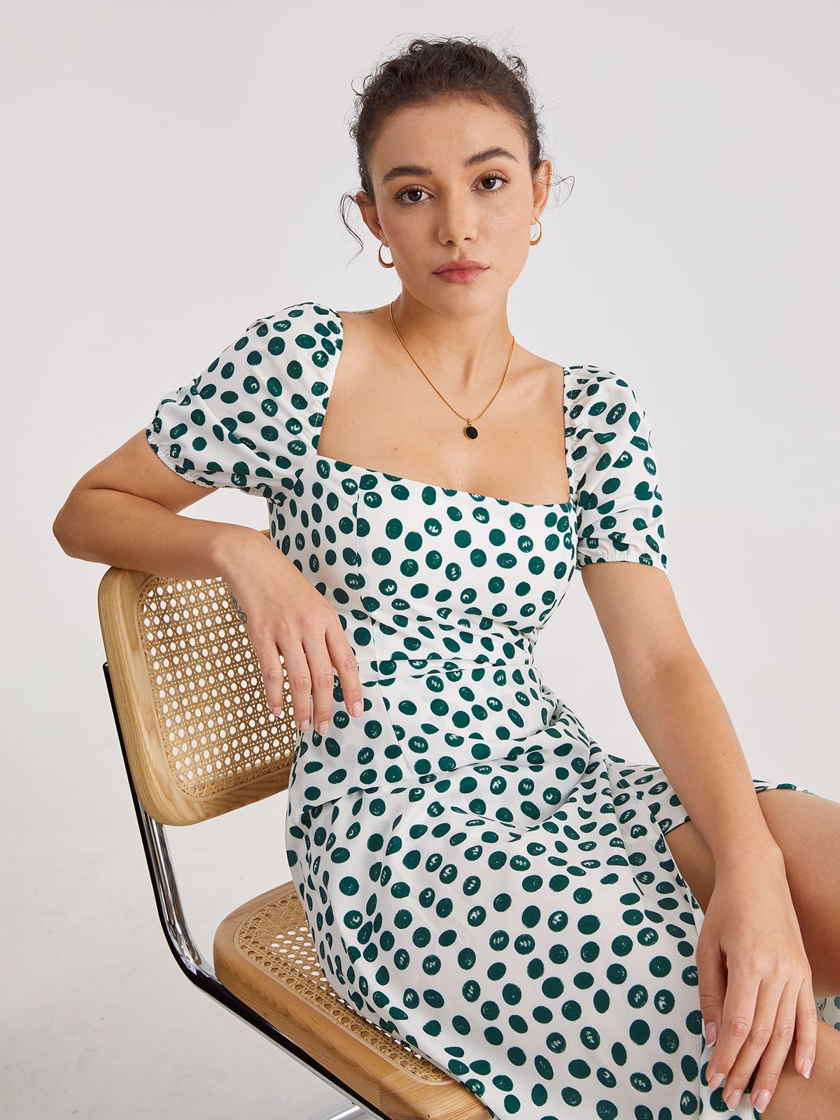 Short Puff Sleeve Spotted Midi Dress sold by COMMENSE product image thumbnail 2