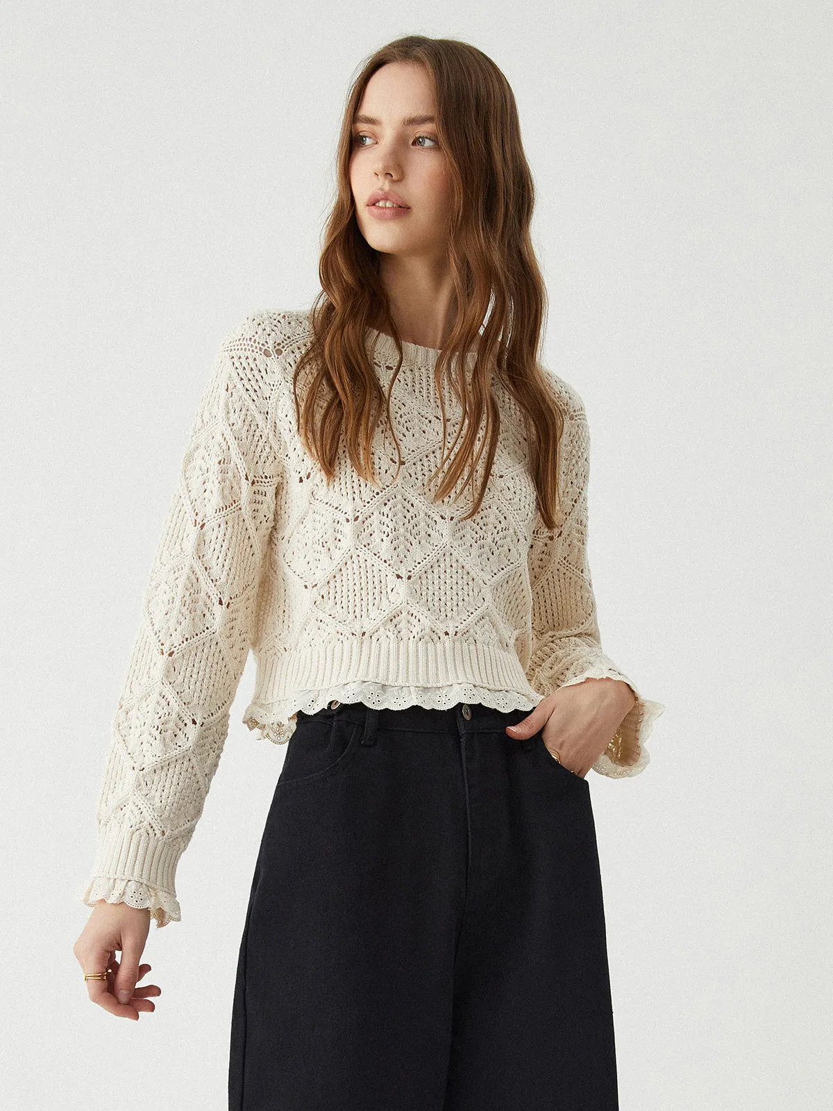 Jacquard Lace Hem Knit Top sold by COMMENSE product image thumbnail 3