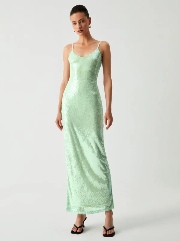 Triggered Sequin Open Back Long Dress sold by COMMENSE