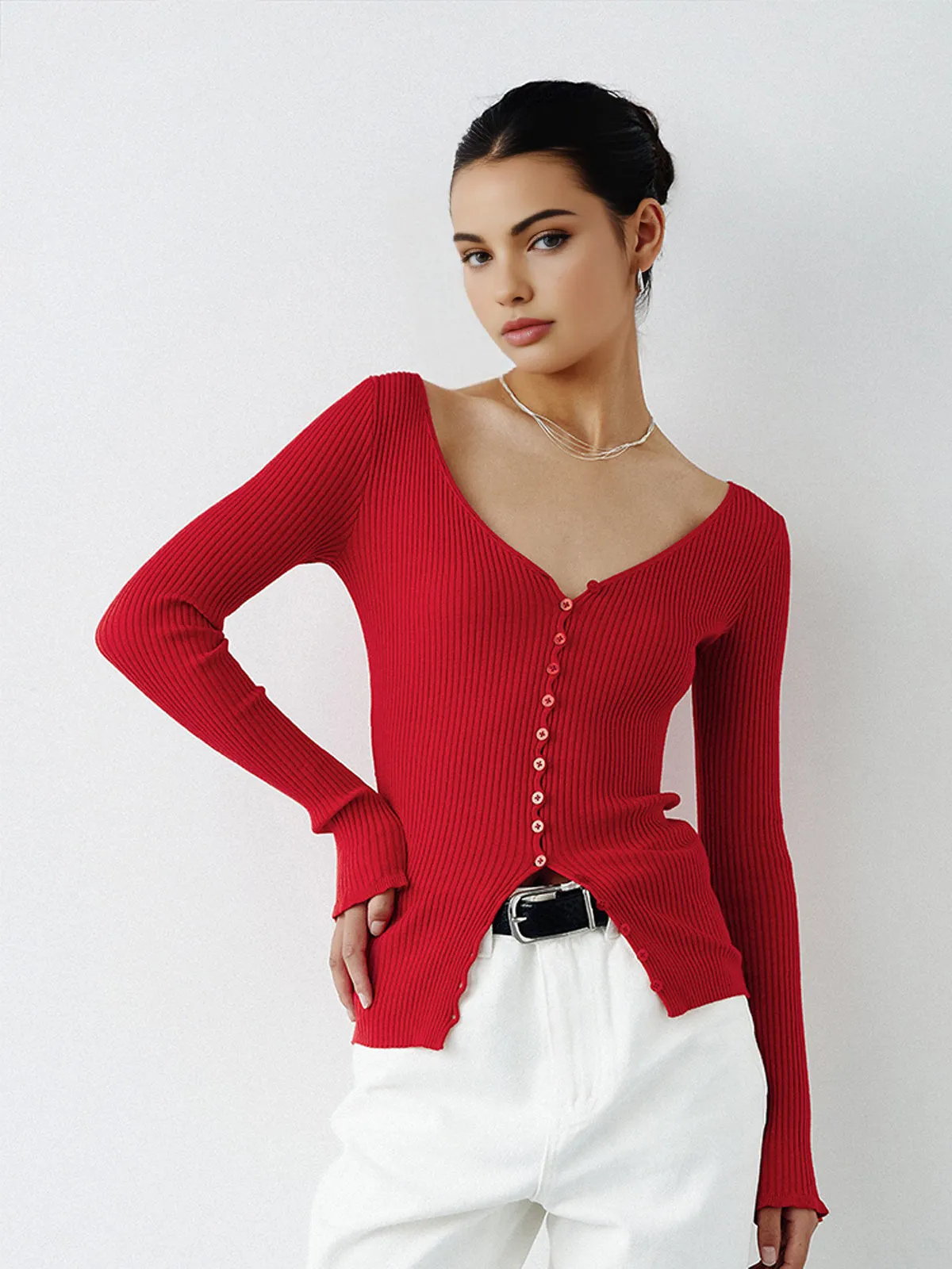 Button V Neck Knit Cardigan sold by COMMENSE product image thumbnail 4