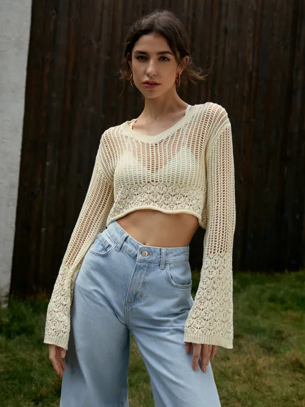 Hollow Out Long Sleeve Knit Top sold by COMMENSE