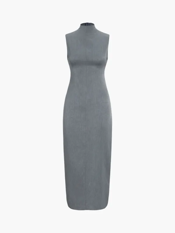 Mock Neck Zippered Slit Long Dress sold by COMMENSE