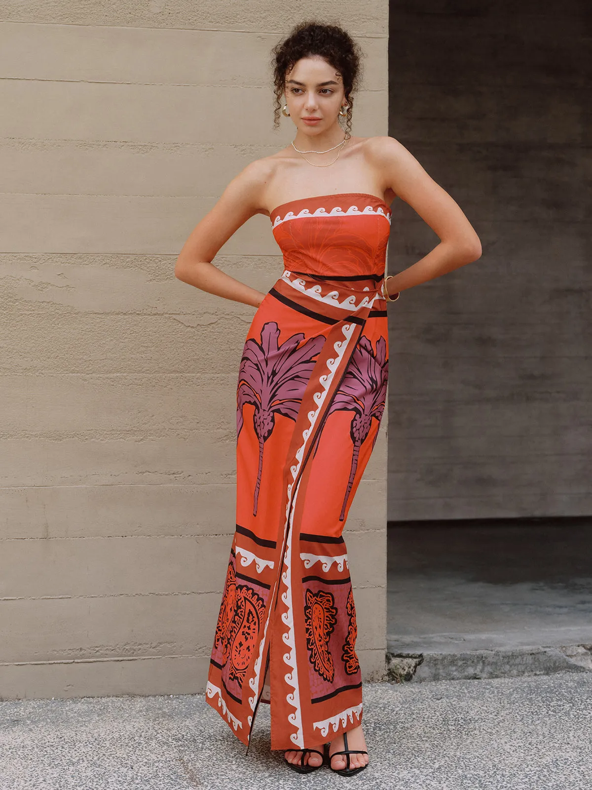 Coconut Palm Print Split Thigh Long Dress sold by COMMENSE product image thumbnail 3