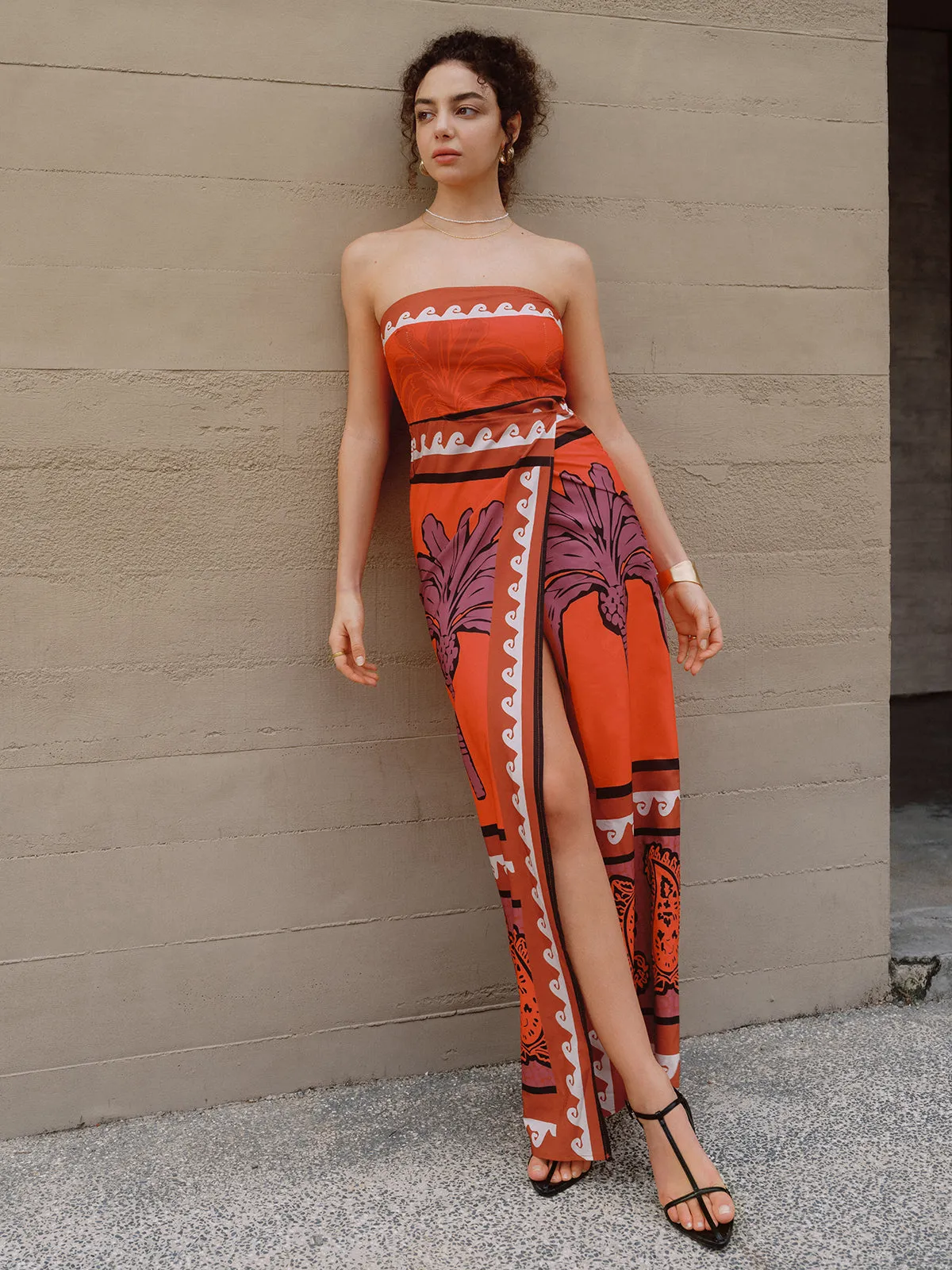 Coconut Palm Print Split Thigh Long Dress sold by COMMENSE