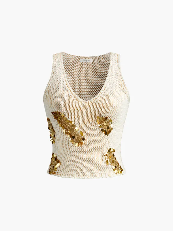 Golden Sequins Knit Sweater Vest sold by COMMENSE