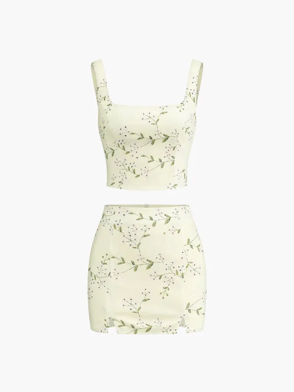 Printed Square Neck Slim Top With Short Skirt Set sold by COMMENSE