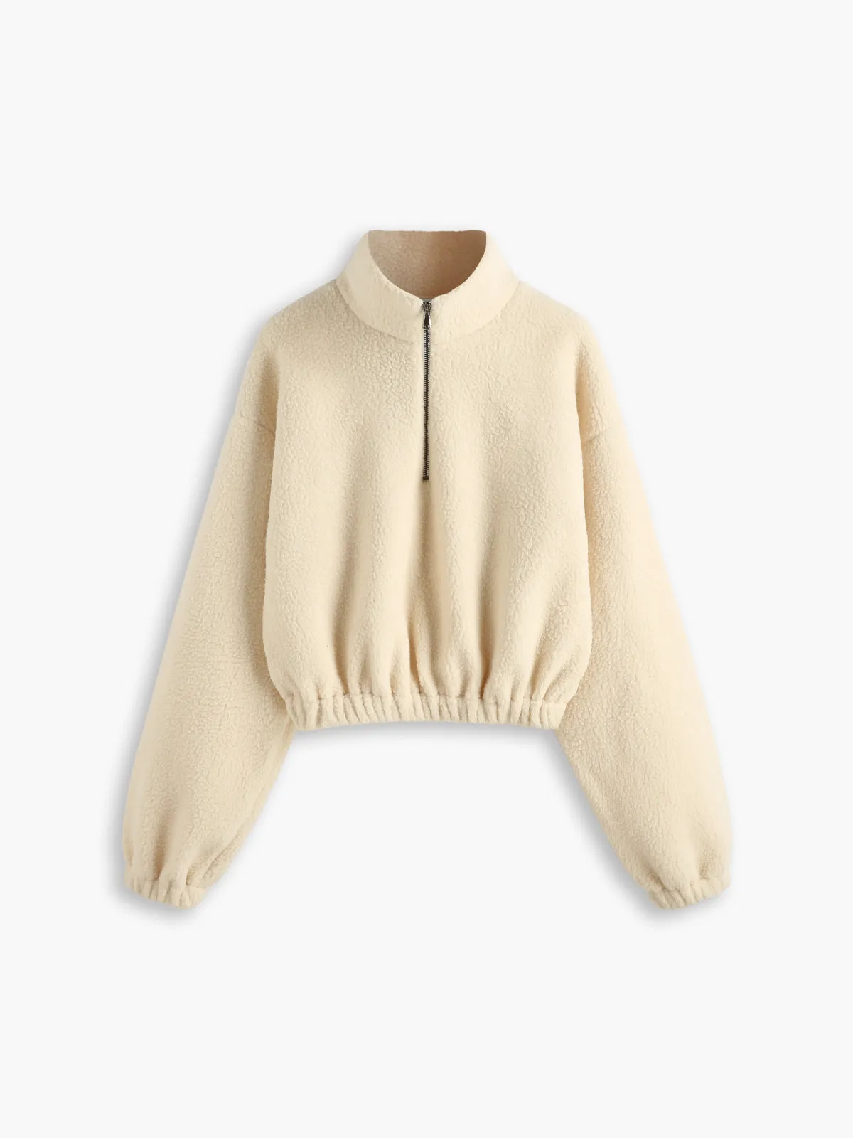Cream Fleece Stand Collar Half Zip Sweatshirt sold by COMMENSE