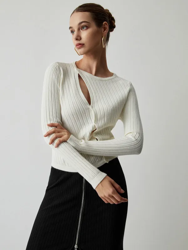 Diagonal Buttoned Rib Long Sleeve Top sold by COMMENSE