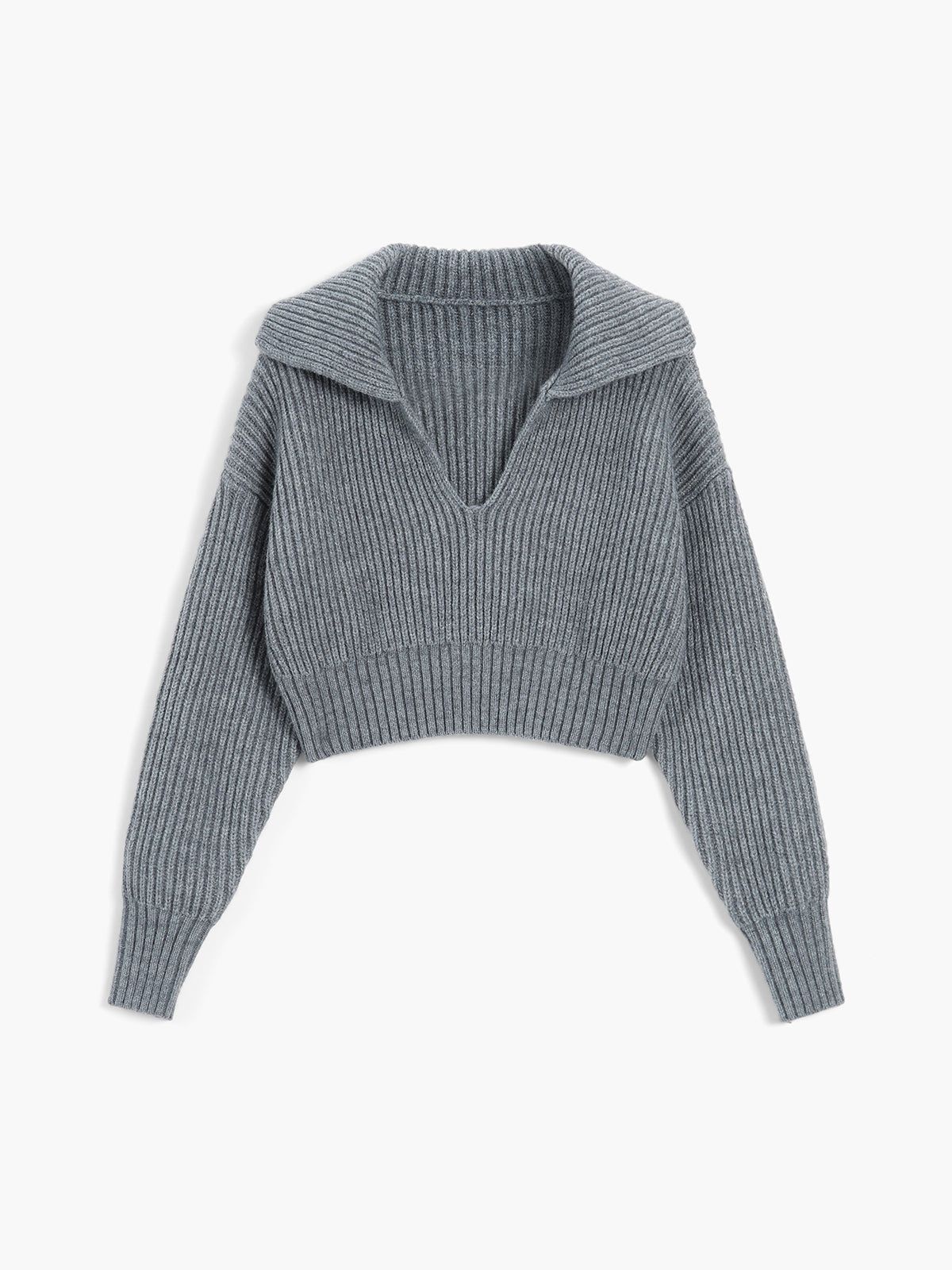 Rib Solid Crop Collared Pullover Sweater sold by COMMENSE