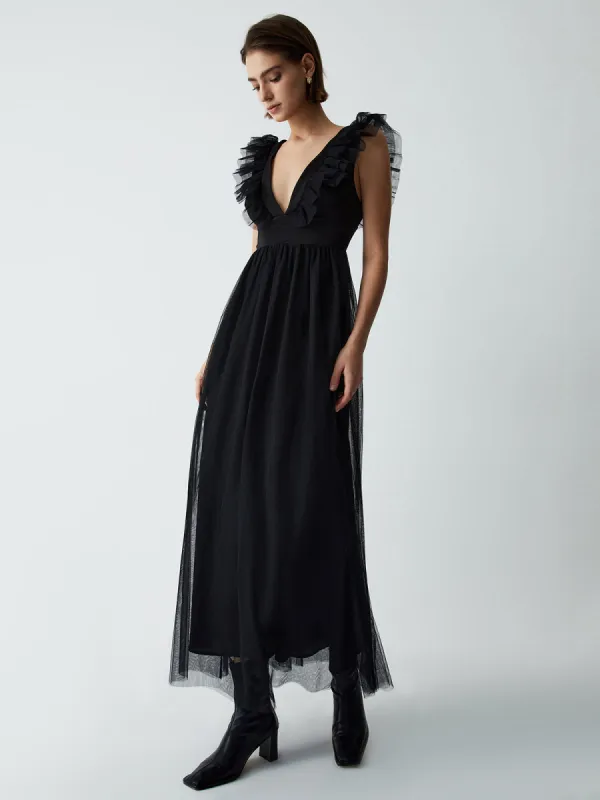 Ruffle Mesh Plunge Long Dress sold by COMMENSE