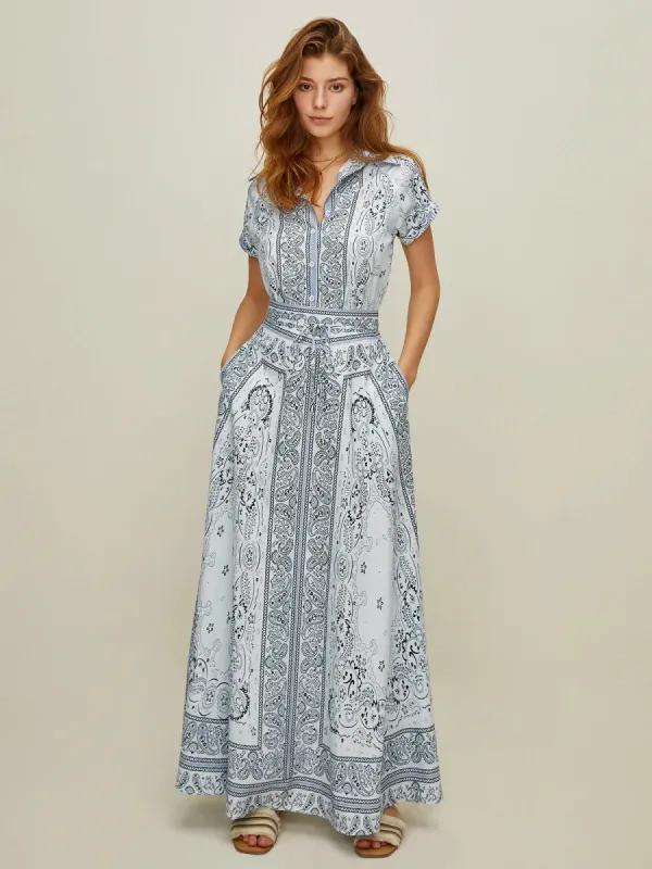 Print Turndown Collar Pockets Skirt Set sold by COMMENSE
