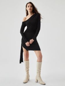 Asymmetrical Neck Ruched Long Sleeve Split Mini Dress sold by COMMENSE