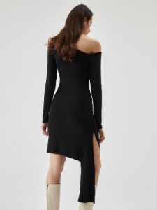 Asymmetrical Neck Ruched Long Sleeve Split Mini Dress sold by COMMENSE