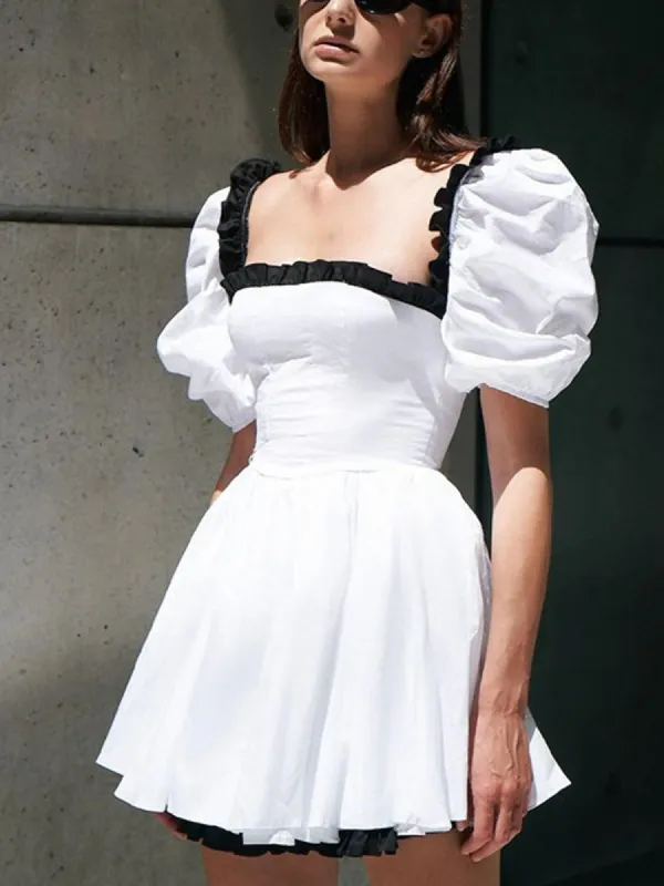 Ruffled Contrast Trim Puff Sleeve Mini Dress made by COMMENSE