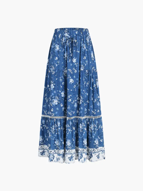 Floral Printed Tie-Waist Maxi Skirt sold by COMMENSE