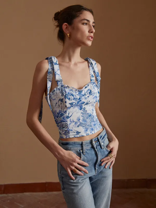 Floral Print Tie Shoulder Shirred Back Top sold by COMMENSE