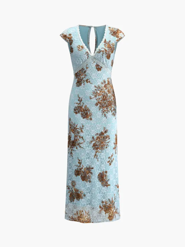 Vintage Floral V-Neck Backless Long Dress sold by COMMENSE