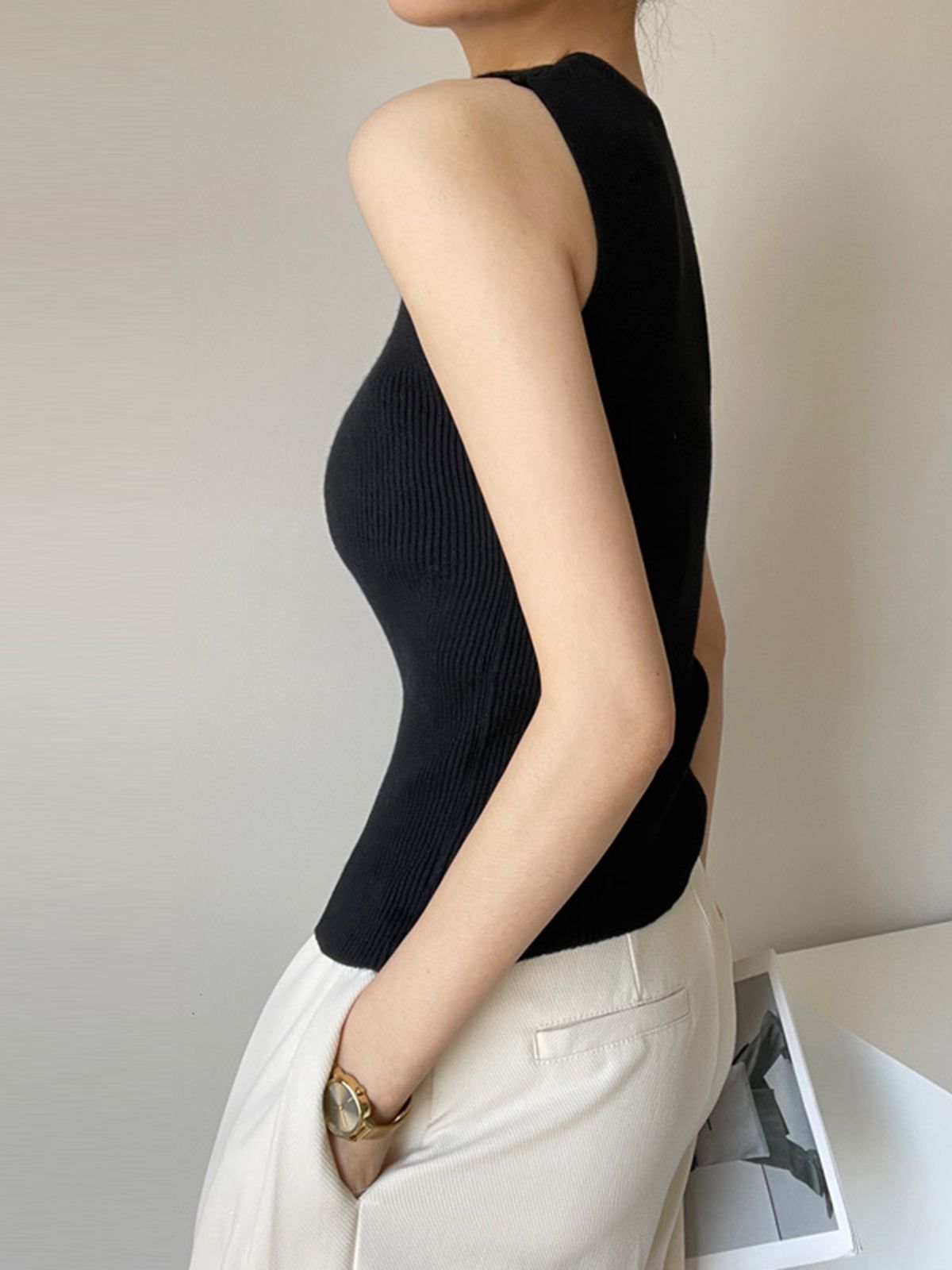 Asymmetrical Neck Knit Tank Top sold by COMMENSE product image thumbnail 2