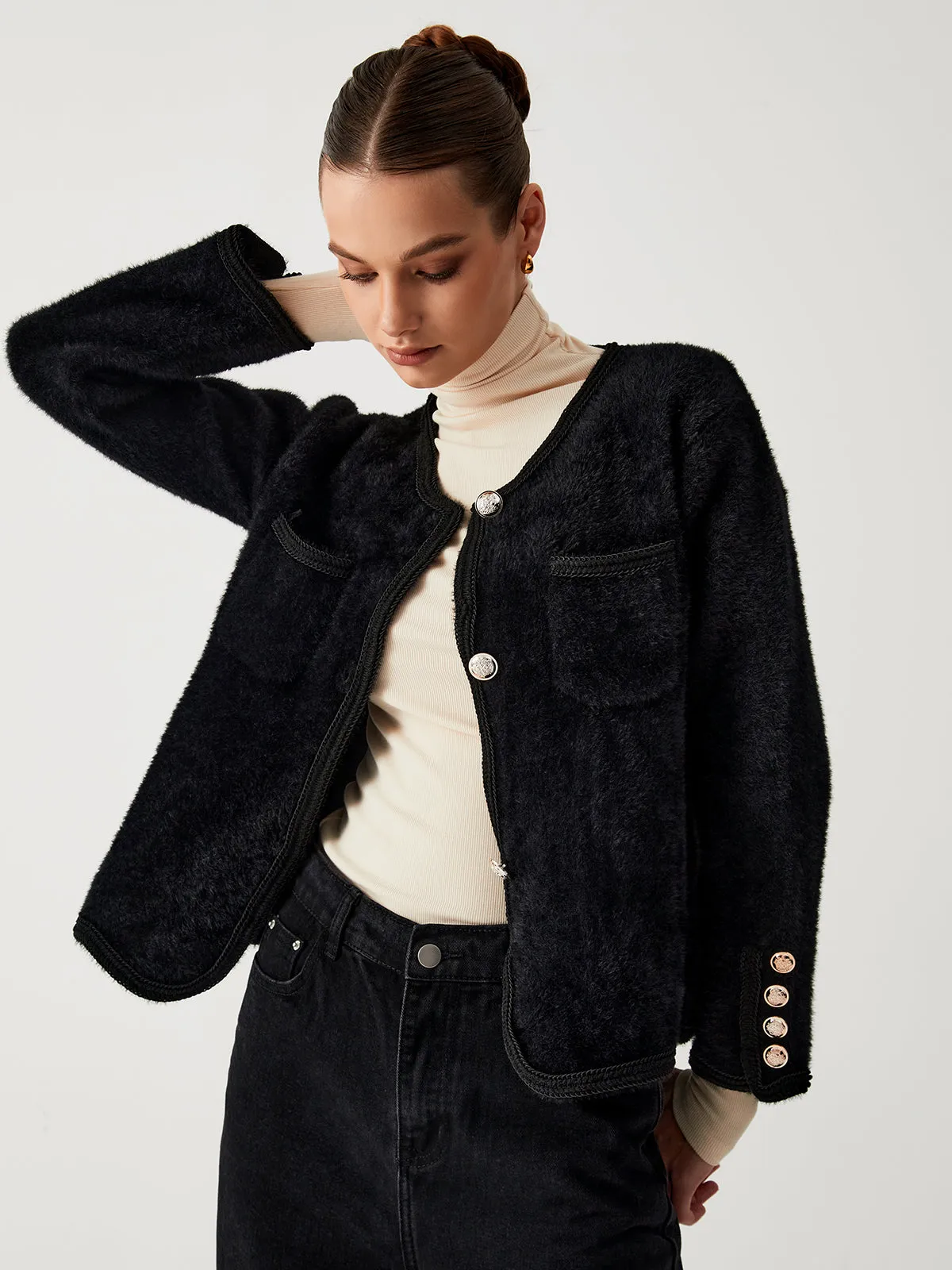 Old Money Aesthetics Fuzzy Cardigan sold by COMMENSE product image thumbnail 3