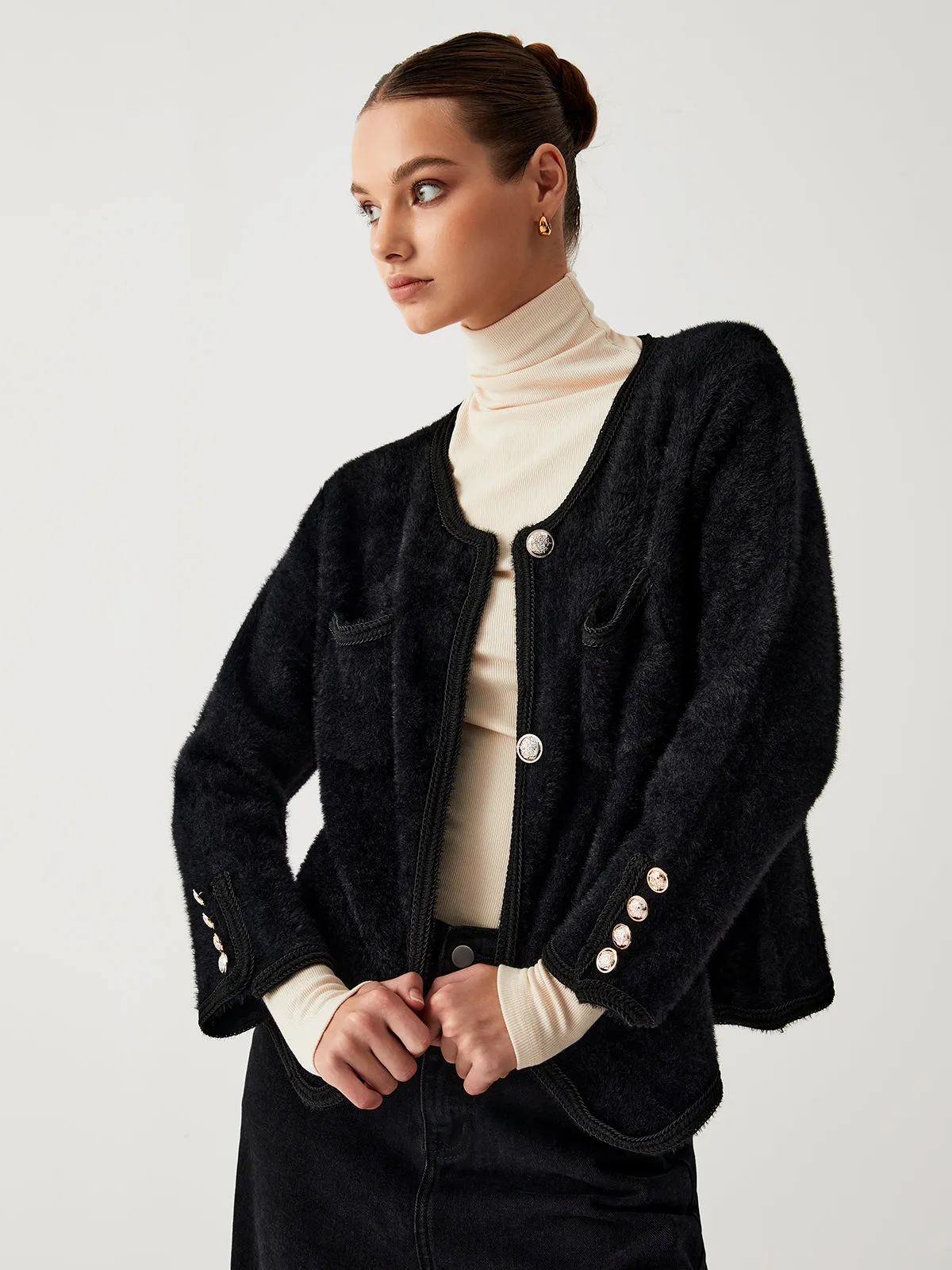 Old Money Aesthetics Fuzzy Cardigan sold by COMMENSE product image thumbnail 4