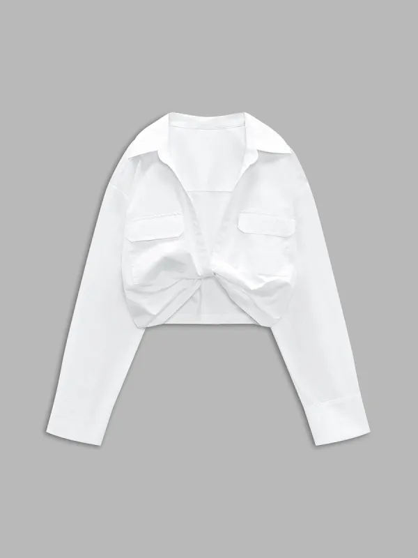 Open Collar Twist Crop Shirt sold by COMMENSE