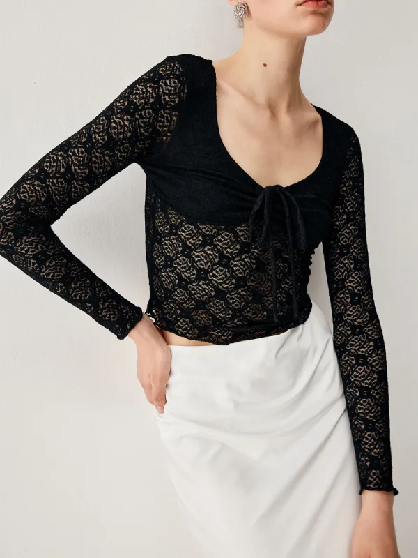 Cup Detail Floral Lace Long Sleeve Crop Top sold by COMMENSE