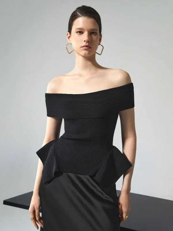 Ribbed Knit Overfold Off Shoulder Umbrella Hem Sweater sold by COMMENSE
