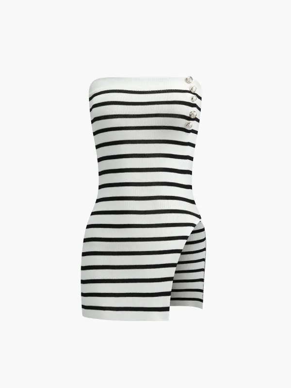 Split Striped Button Knit Top sold by COMMENSE