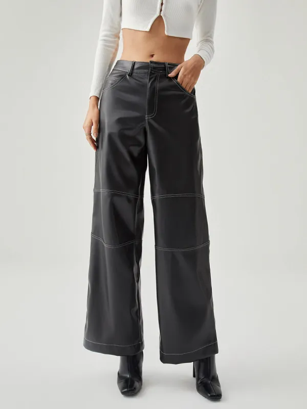 Contrast Stitch Leather Wide Leg Pants sold by COMMENSE