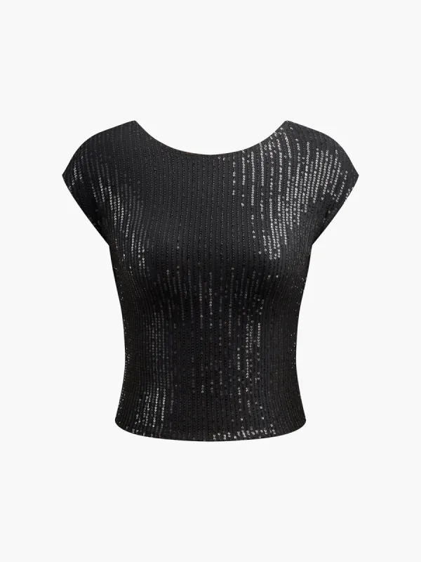 Sequins Cap Sleeve Backless Top sold by COMMENSE