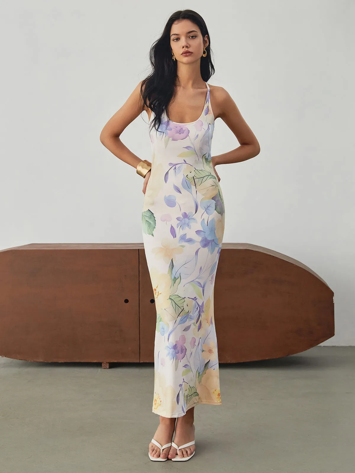 Multi Floral Print Backless Long Dress sold by COMMENSE product image thumbnail 2