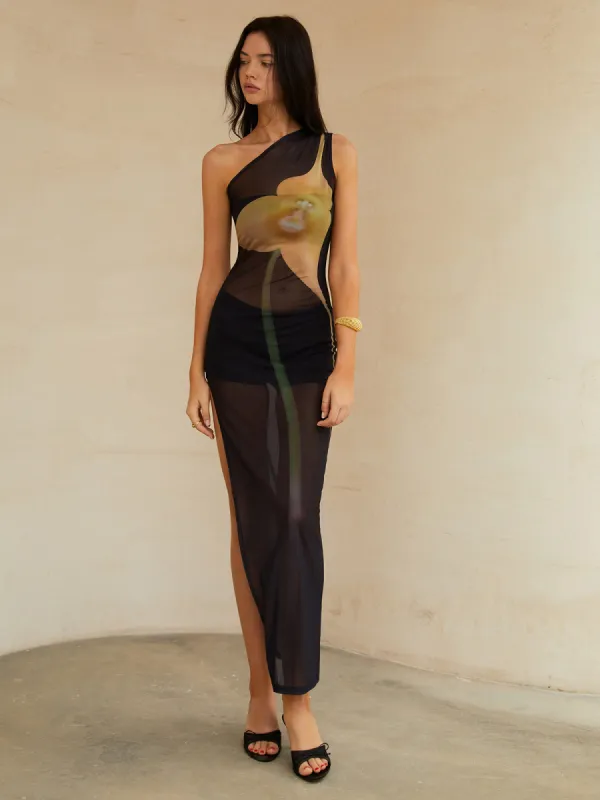 Sheer One Shoulder Split Midi Dress sold by COMMENSE