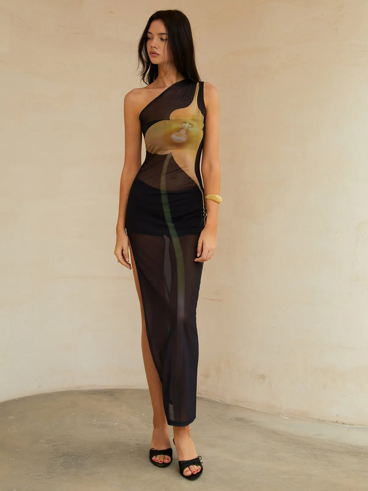 Sheer One Shoulder Split Midi Dress sold by COMMENSE