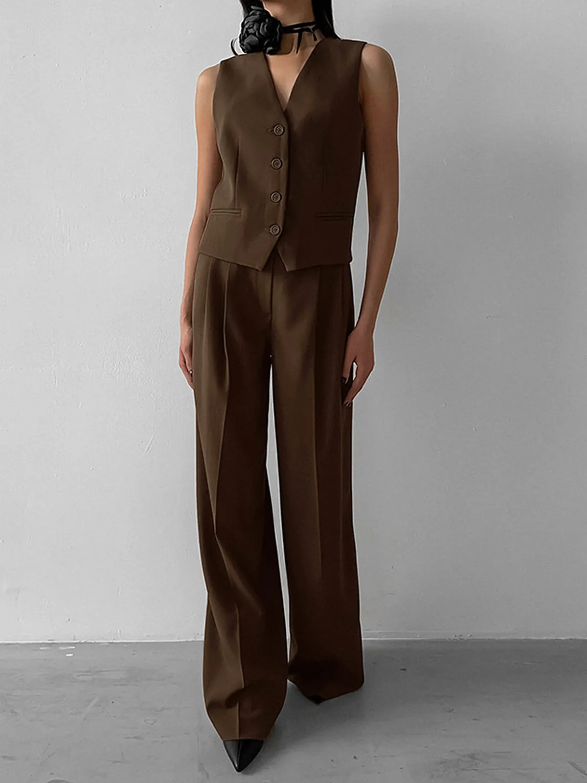 Sleeveless V-Neck Button Pants Set sold by COMMENSE