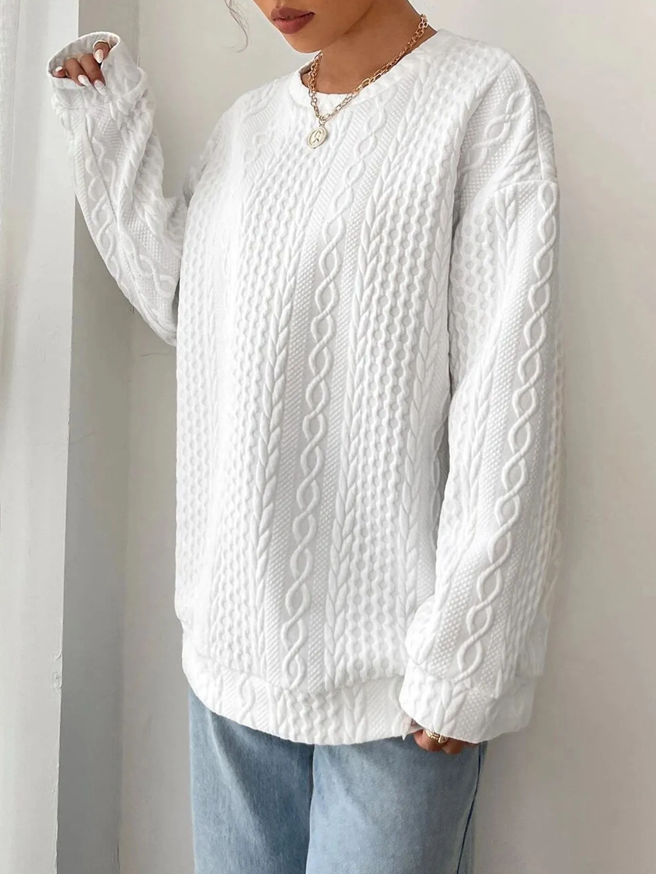 Crew Neck Cable Knit Sweater sold by COMMENSE product image thumbnail 2