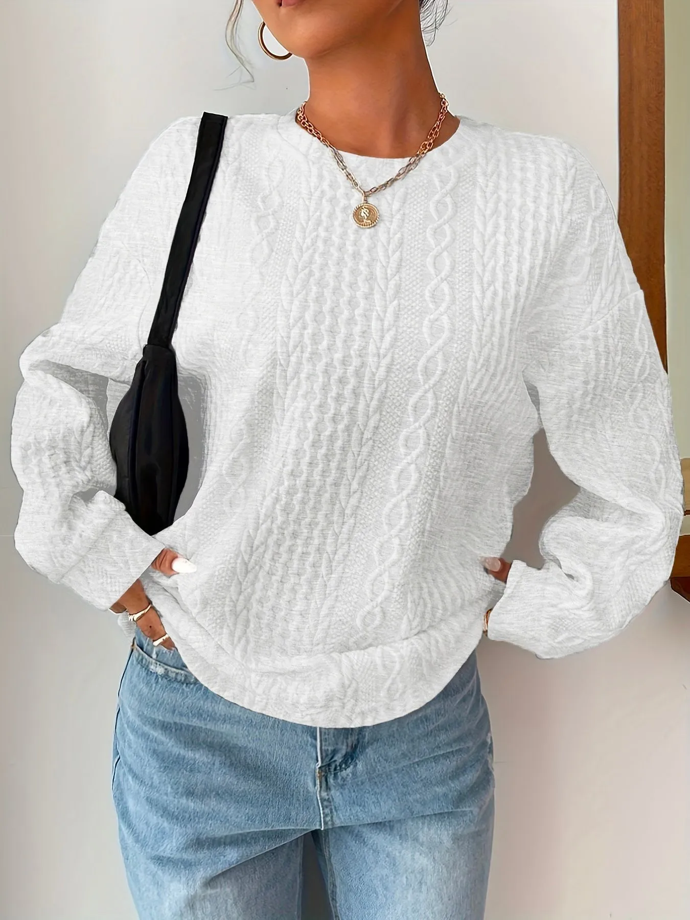 Crew Neck Cable Knit Sweater sold by COMMENSE product image thumbnail 3