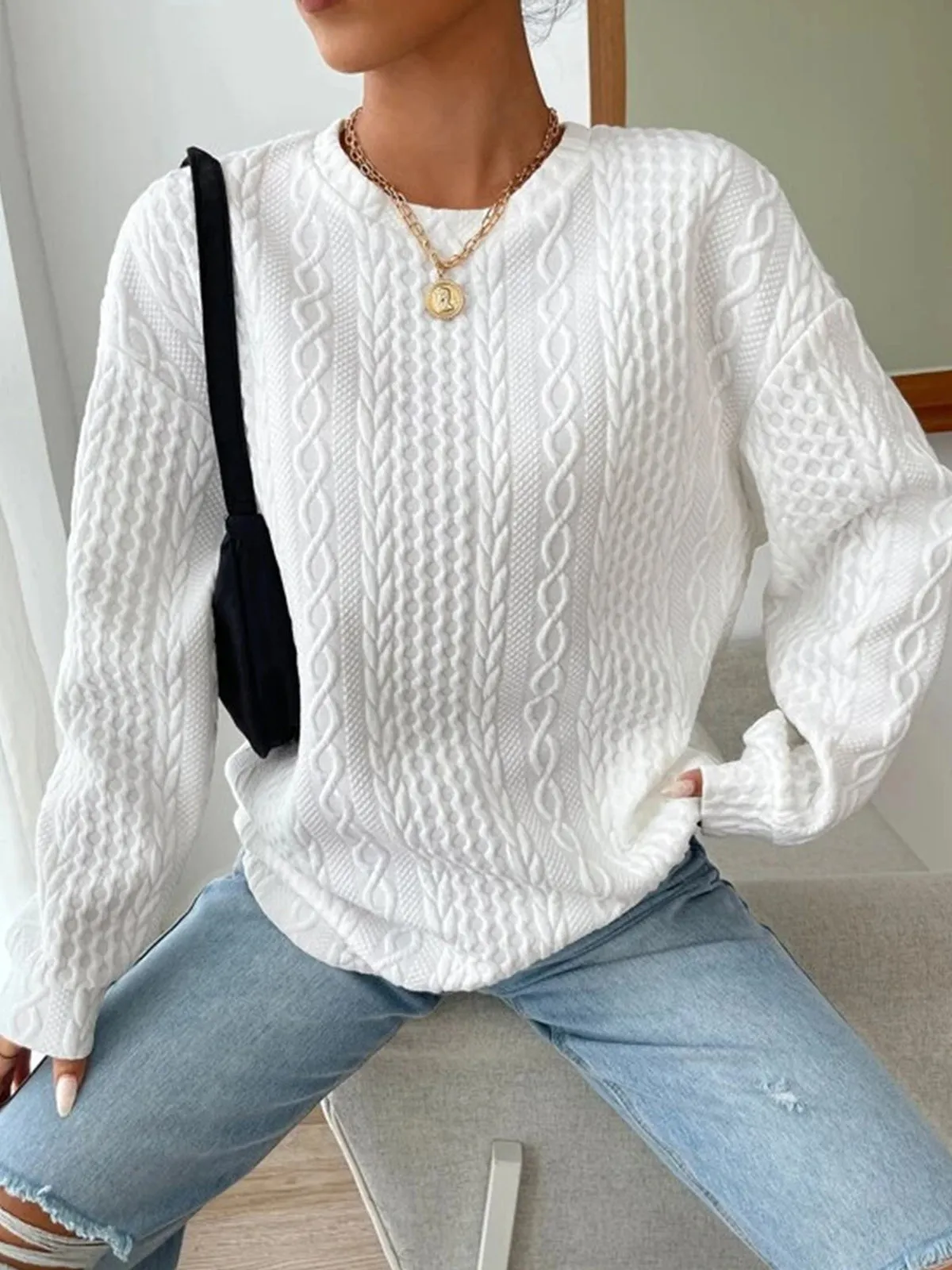 Crew Neck Cable Knit Sweater sold by COMMENSE