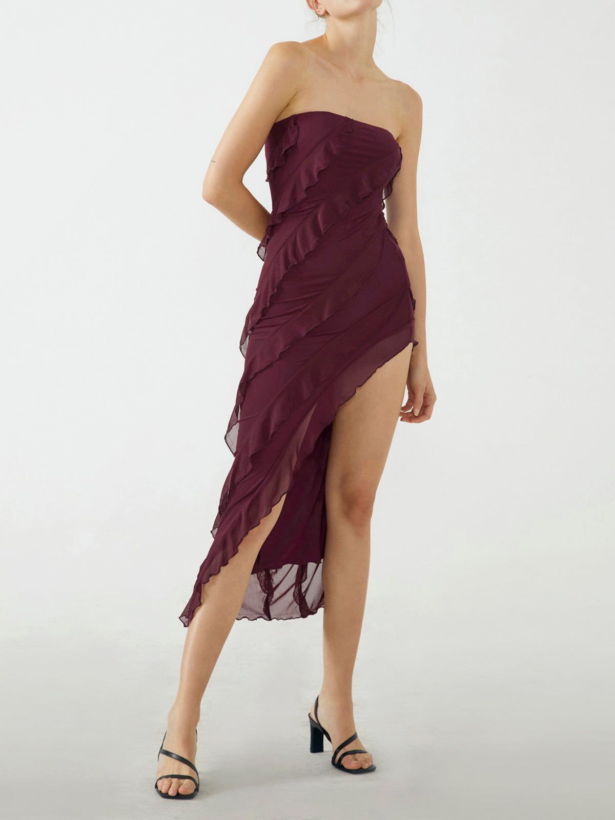 Oblique Ruffle Tube Midi Dress sold by COMMENSE