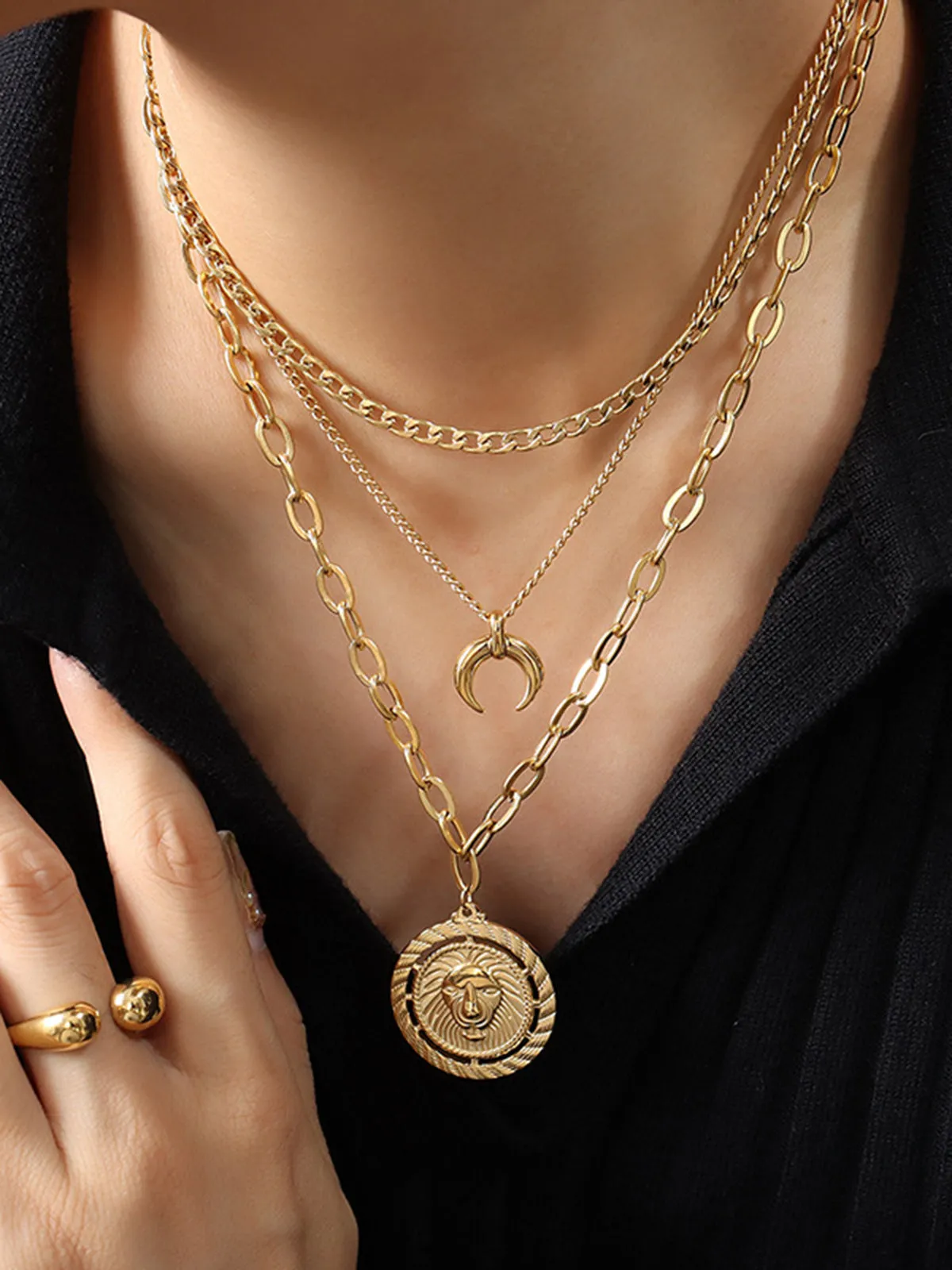 Layering Moon Lion Circle Pendant Necklace sold by COMMENSE