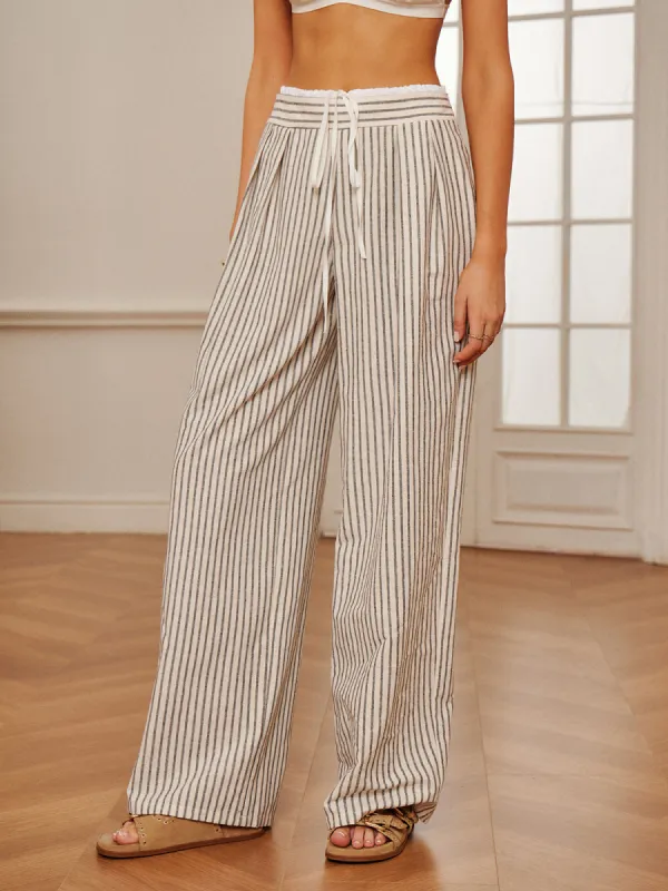 Cotton & Linen Pinstripe Drawstring Pants sold by COMMENSE