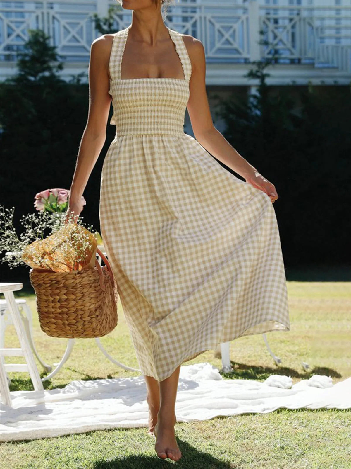 Countryside Plaid Print Halter Criss Cross Long Dress sold by COMMENSE