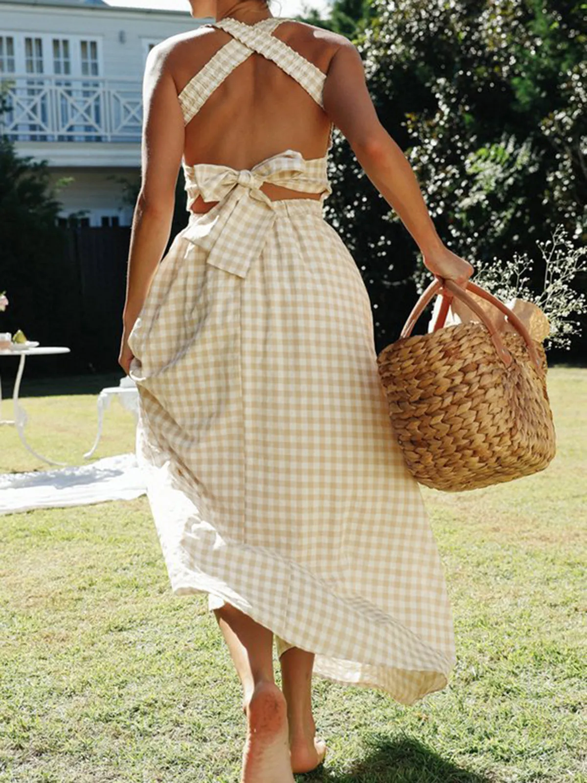 Countryside Plaid Print Halter Criss Cross Long Dress sold by COMMENSE product image thumbnail 2