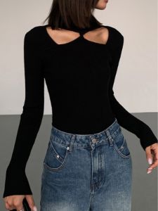 Knit Cut Out Mock Neck Ribbed Top sold by COMMENSE